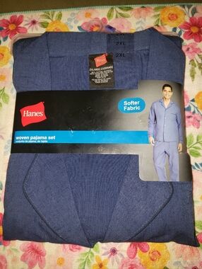 Hanes 2XL Men's Cotton Blend Woven Pajama Set Navy Blue New